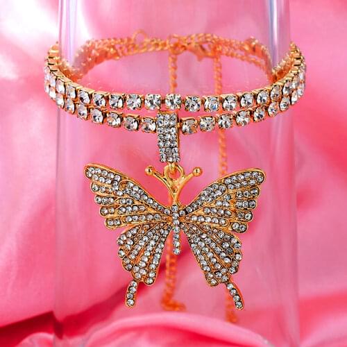 2Pcs/Set Trend New Shiny Rhinestone Butterfly Anklets for Women Crystal Tennis Chain Ankle Bracelet Jewelry 2021 Beach Leg Chain