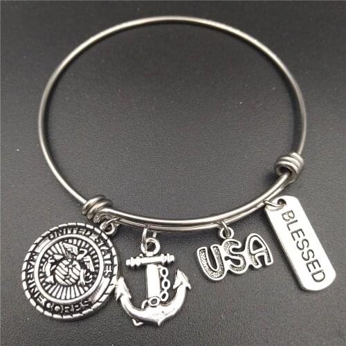 64mm Stainless Steel Expandable Wire Bangle Marine Corps Charm Bracelets Handmade Gifts for Family Member USA Military Jewelry