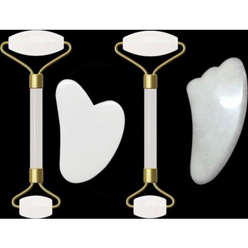 White Crystal Jade Roller Face Massager Guasha Board Scraper Set Natural Stone Jade Facial Massage Roller Gouache Scraper Beauty
