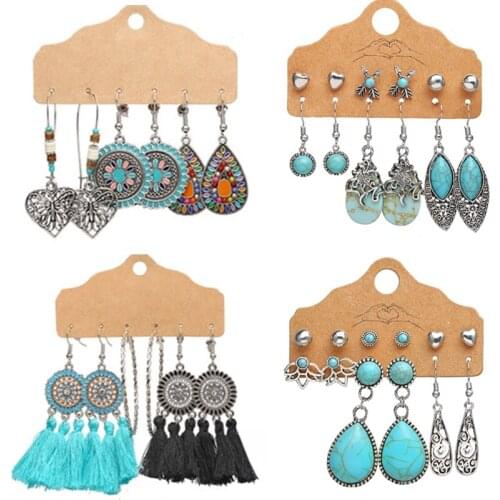 Vintage Green Stone Earrings Set For Women Boho Ethnic Tassel Moon Dangle Earring Bohemian Silver Color Earrings Jewelry