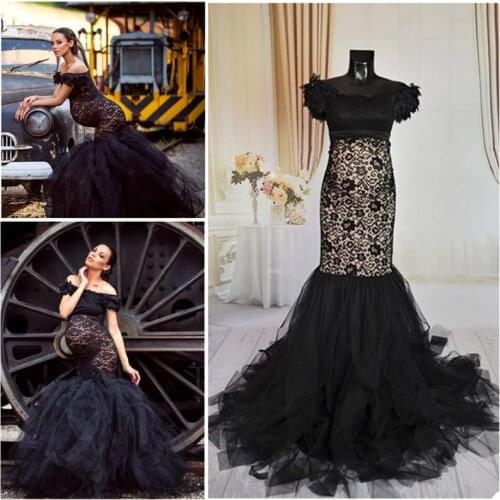 Black Lace Pregnant Night Gown Sheath Pajama Bateau Bathrobe Bride Sleepwear Ruffles Soft Tulle Robes Custom Made Dress