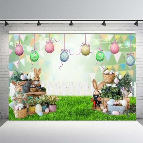Easter Backdrop Spring Garden Flower Stand Fence Eggs Green Grass Colorful Bokeh Photography Background Floral Bunny Decoration