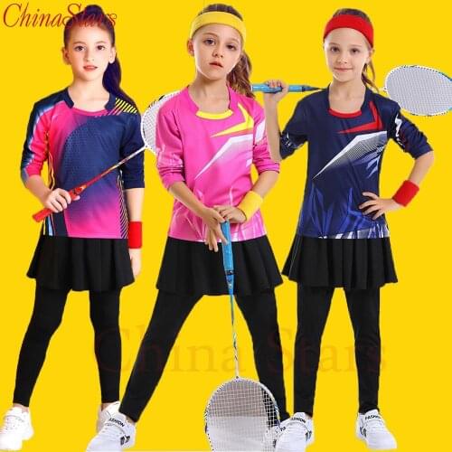 Girls Tennis Shirts Skirt Pants Sets , Full Sleeve Womens Clothing , Kid Tennis Skorts Kits , Children Badminton Sport T-Shirt