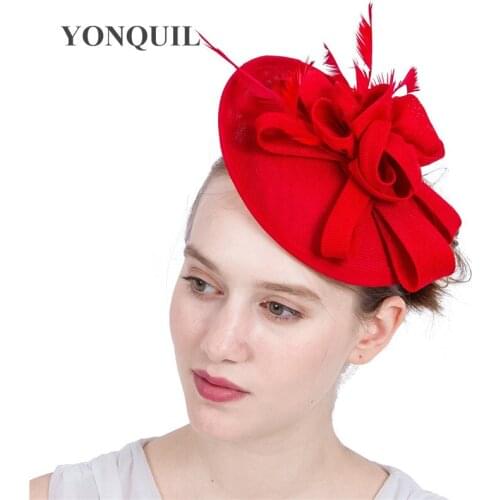 Red Imitation Sinamay Wedding Women Hat Hair Fascinator Headband Hoops Headpiece Elegant Ladies Fedora Caps Floral Party Chapeau