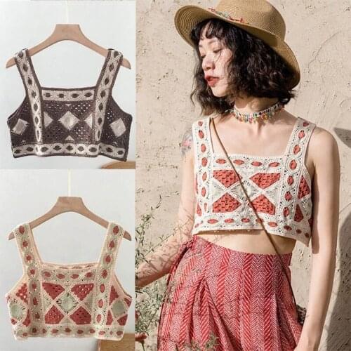 Women Summer Bohemian Knitted Crop Tank Top Hollow Out Crochet Geometric Pattern Camisole Vintage Sleeveless Beach Vest
