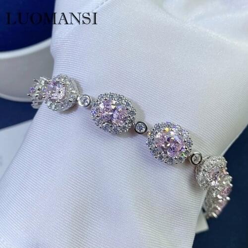 Luomansi 6*8MM Pink High Carbon Diamond Super Flash Bracelet 17CM S925 Sterling Silver Jewelry Wedding Party Woman Gift