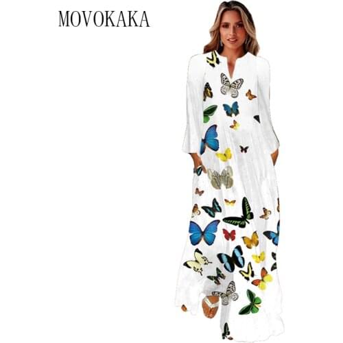 MOVOKAKA White 3D Butterfly Printed Autumn Dress 2021 Long Sleeve Breathable Dresses Woman Elegant Girls Casual Long Dress Women