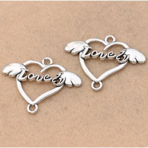 5pcs Antique Silver Plated Heart Wings Love Charms Pendants Jewelry Making Accessories Diy Jewelry Findings 30x38mm