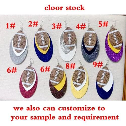 Team Colors 3 LayerLeather Glitter Football Faux Teardrop Earrings Colorful Layered Sequins Water Drop Earrings Mom Cheer Sport
