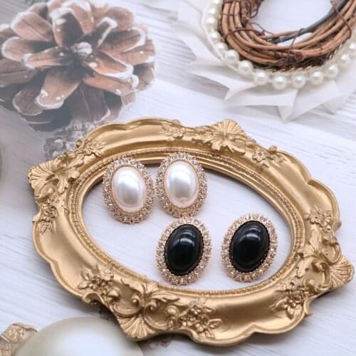 Oval Shape New Black White Pearls Earrings Rhinestone Sweet Party Wedding Accessories For Mujer