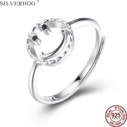 SILVERHOO Sterling Silver Rings 925 Smiley Face Hollow Women Ring Adjustable Style Fine Jewelry Girlfriend Gift The New Listing