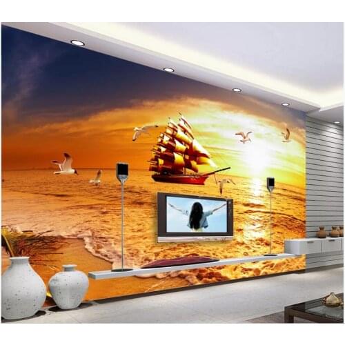 WDBH custom photo 3d wallpaper Sailing seagull golden seascape background painting home decor living room wallpaper for wall 3 d