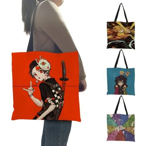 Japanese Handbag Shoulder Bag Demon Slaye Ghost Blade Print Tote Bags Kimetsu No Yaiba Tanjirou Nezuko Reusable Shopping Bags
