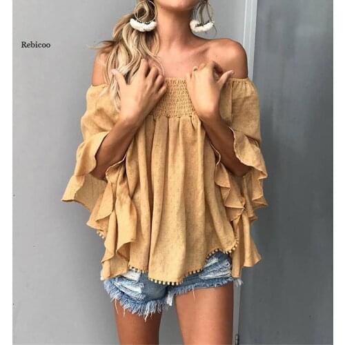 Womens Printed Off-Shoulder Top Flared Flared Sleeve Blouse Summer Fashion Long Sleeve Blusas Mujer