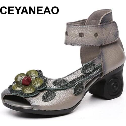 CEYANEAOWomens Sandals Fashion Fish Head Vintage Genuine Leather Ladies Shoes High Heels Sandals Women Black Fashion FlowerShoe