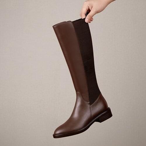 New style Knee-high boots Genuine leather Women boots Motorcycle boots warm Female boots winter stretch Women shoes 100%cowhide