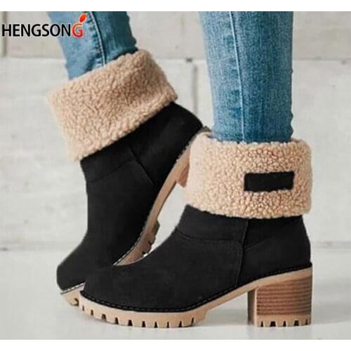 Snow Boots Women Winter Shoes Suede Warm Cotton-padded Mid Heels Ankle Boots Woman Footwear Plush Boots Black Green