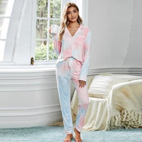2020 Autumn and Winter Models of Tie-dye Change Printing Casual Home Wear Womens Cardigan Lapel Long-sleeved Trousers Pajamas
