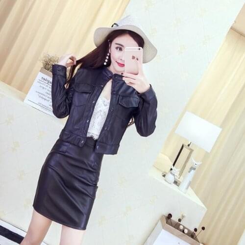 2021 Spring Autumn 2 Pcs Set Women Jacket Pencil Skirts High Waist Sexy Outwear Suit Female Clothes Zipper PU Leather Suits P218