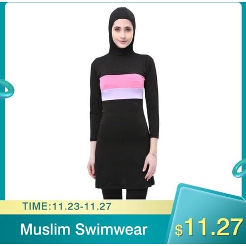 Women Long Sleeve Muslim Swimwear Contrast Color Hooded Hijab Arabic Islamic Swim Surf Wear Burkinis Bathing Suit Plus Size