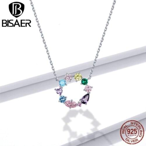 BISAER Rianbow Zircon Wreath Necklace 925 Sterling Silver Lucky Flower Long Chain Link For Women Colorful Jewelry EFN178