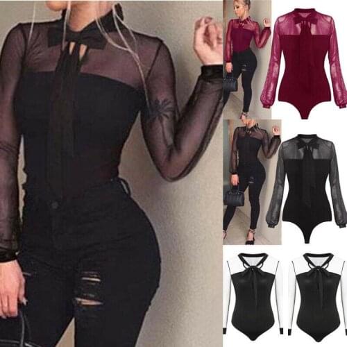 2019 Autumn Womens Bodycon Bodysuit V Neck Long Sleeve Bandage Mesh Patchwork See Through Jumpsuit Romper Leotard Top