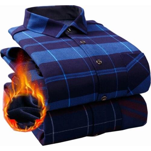 Casual Winter Plaid Warm Mens Shirt Plus Velvet Thick Long Sleeve Comfortable For Cold Weather