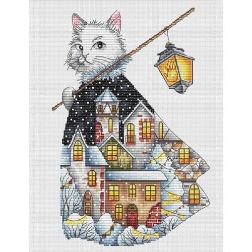 Gold Collection Counted Cross Stitch Kit Christmas Cat Light Christmas Lamp Village Winter Snow