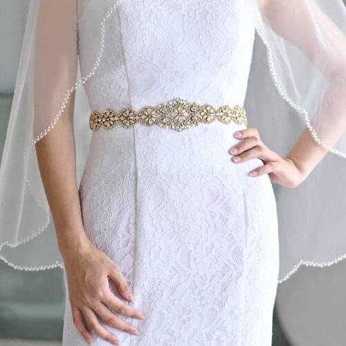 100% Handmade Shinny Golden Rhinestone Bridal Belt Diamond Wedding Dress Belt Crystal Wedding Sash For Wedding Dress Accessories