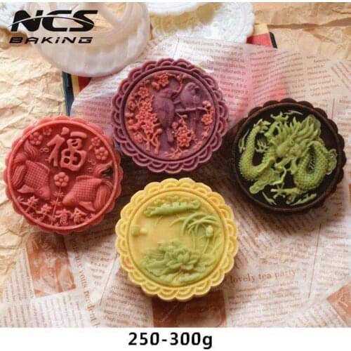 250g round shape FU bird dragon design Mooncake mung bean cake Molds mould with 4 Stamps plastic hand pressure , 50sets/lot