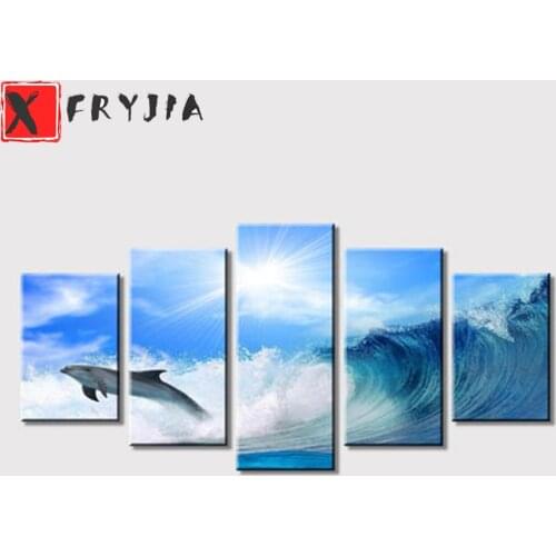 5pcs diamond painting Waves and dolphins full square round drills diamond embroidey cross stitch diamond picture mosaic decor