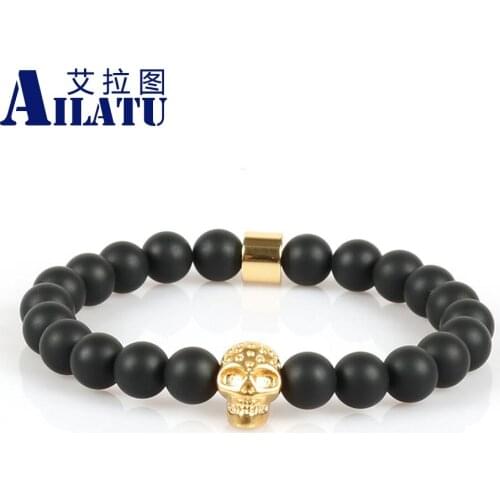 Ailatu Fashionable Jewelry 8mm Matte Onyx Stone Beads with Skull Head Charm Men Bracelet