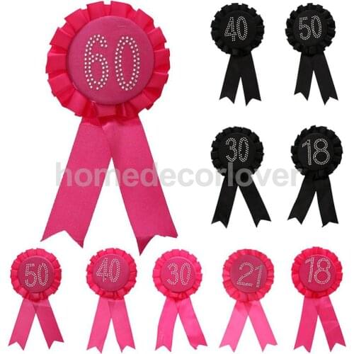 Glitter rhinestone Number 18 21 30 40 50 60 Award Ribbon Rosette Badge Brooch Birthday Party Favour Black Rose