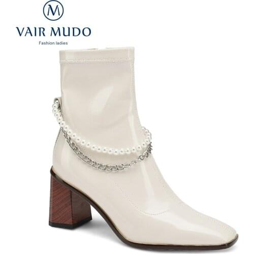 VAIR MUDO Ankle Boots Shoes High Heels Patent Leather Autumn Winter Elegant Fashion Metal Decoration Solid Adult Shoes DX60L