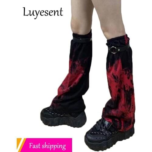 Punk Girl Goth Leg Warmer Black Red Tie Dye Lady Ninja Harajuku Gothic Foot Covers PU Strap Long Sock Korean Fashion Streetwear