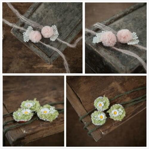 Newborn pearl pink flower headdress photography props Green grass daisy headwear baby headbands shooting accessories