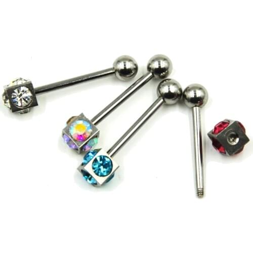 4Pcs Surgial Steel CZ Crystal Square Tongue Barbell Rings Piercing With Satellite Logo Tongue Bar Retainer Body Jewelry 14g