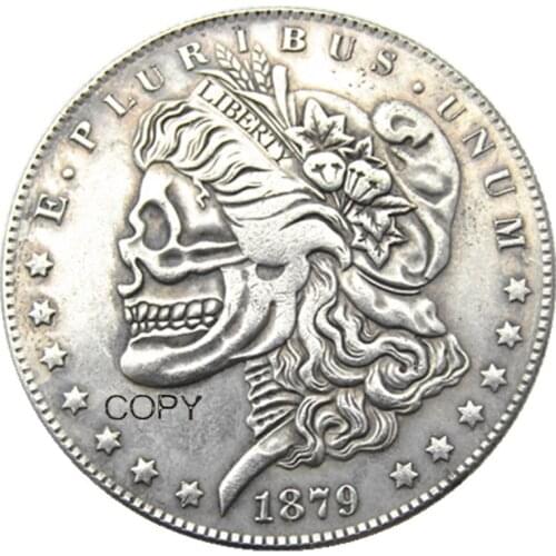 US 1879CC Morgan Dollar skull zombie skeleton hand carved Silver Plated Copy Coins