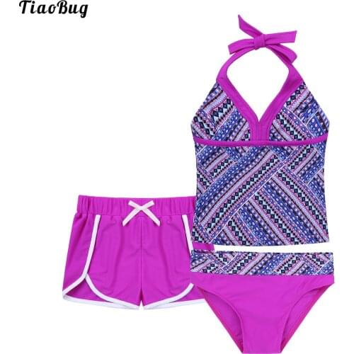 TiaoBug Fashion Summer Kids Girls 3Pcs Print Swimming Suit Halter Neck Straps Top And Briefs Boyshorts Sets Beach Swimwear