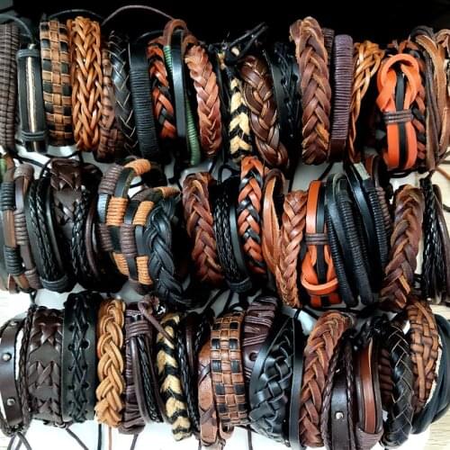 50pcs/lot Multi-layer Wrap Braided Rope Leather Bracelet Male Female Punk Wristbands Cuff Can Be Adjusted Wholesale Boy Bangles