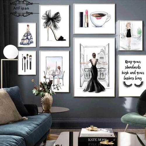 Fashion Girl Formal Dress High Heels Lipstick Korean Posters and Prints Wall Art Canvas Painting Nordic Pictures for Home Decor