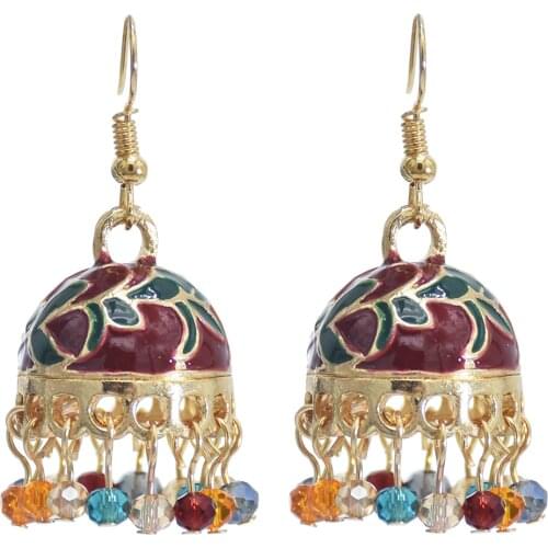 New Ins Antique Gold Handmade Beads Enamel Blue Flower Indian Jhumki Jhumka Nepal Earrings Bohemia Party Jewelry