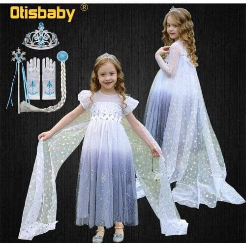 Girl Elsa Dress Halloween Fancy Princess Costume Toddler Girl White Embroidery Flower Crystal Dresses with Snowflake Long Tail
