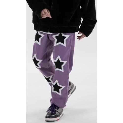 Embroidery Stars Frayed Jeans Pants Men and Women Streetwear Washed Retro Casual Denim Trousers Hip Hop Casual Baggy Pants