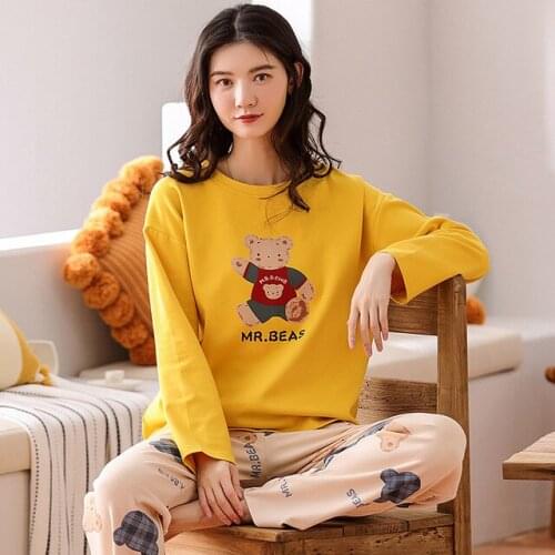 Casula Loose Home Clothing brown Cartoon Pijamas Sleepwear Women Full Cotton Pajamas Fall Winter Long Sleeve Warm Woman Pyjamas
