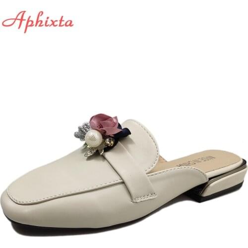 Aphixta Large Size 41 42 43 Flowers Slides Women Slippers Square Toe Ladies Mulers WomenS Shoes Casual Fashion Footwear