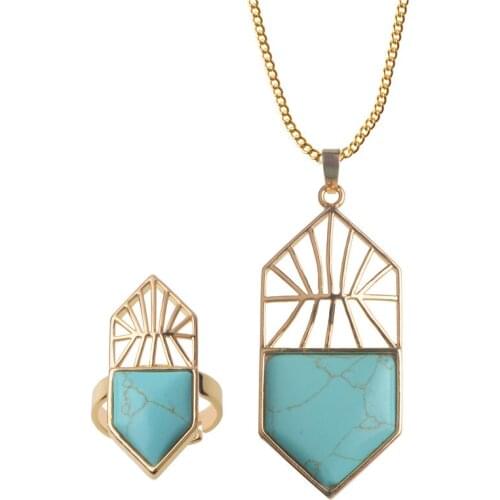 Trendy Natural Stone Jewelry Set Necklace Rings Quartz Crystal Pendant bijoux ensemble parure de Wedding Party Gift