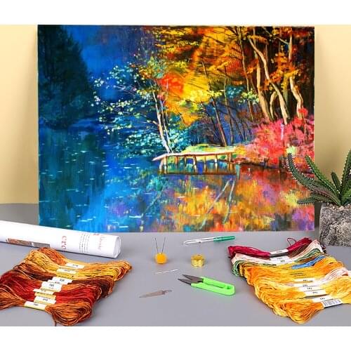 Landscape Lake Printed Water-Soluble Canvas 11CT Cross-Stitch Complete Kit Embroidery DMC Threads Knitting Painting Stamped