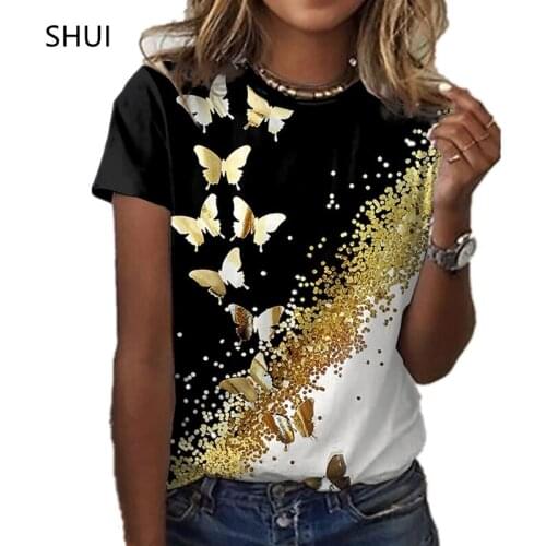 2021 New Butterfly Lady T-shirt 3D Floral Print Round Neck Casual Niche Design Sense Clothing Female Animal Series Short Sleeve