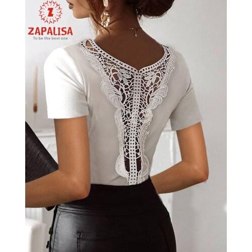 Sexy Lace T-Shirts for Women Back Hollow Out Design Lace Decor V-Neck Short Sleeve Solid Color Summer Slim Pullovers Top